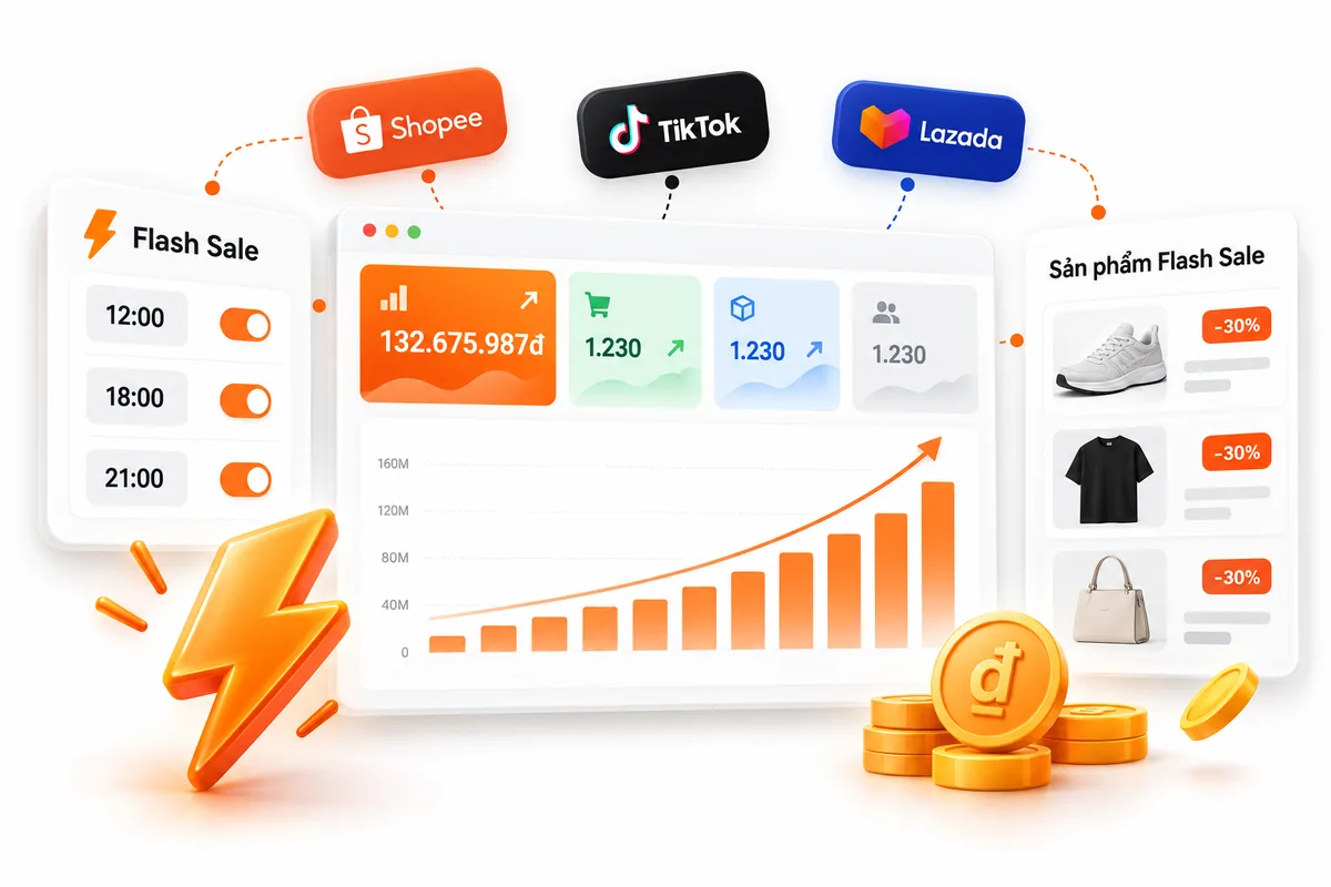 Bảng điều khiển Flash Sale theo khung giờ và biểu đồ doanh thu tổng hợp nhiều shop