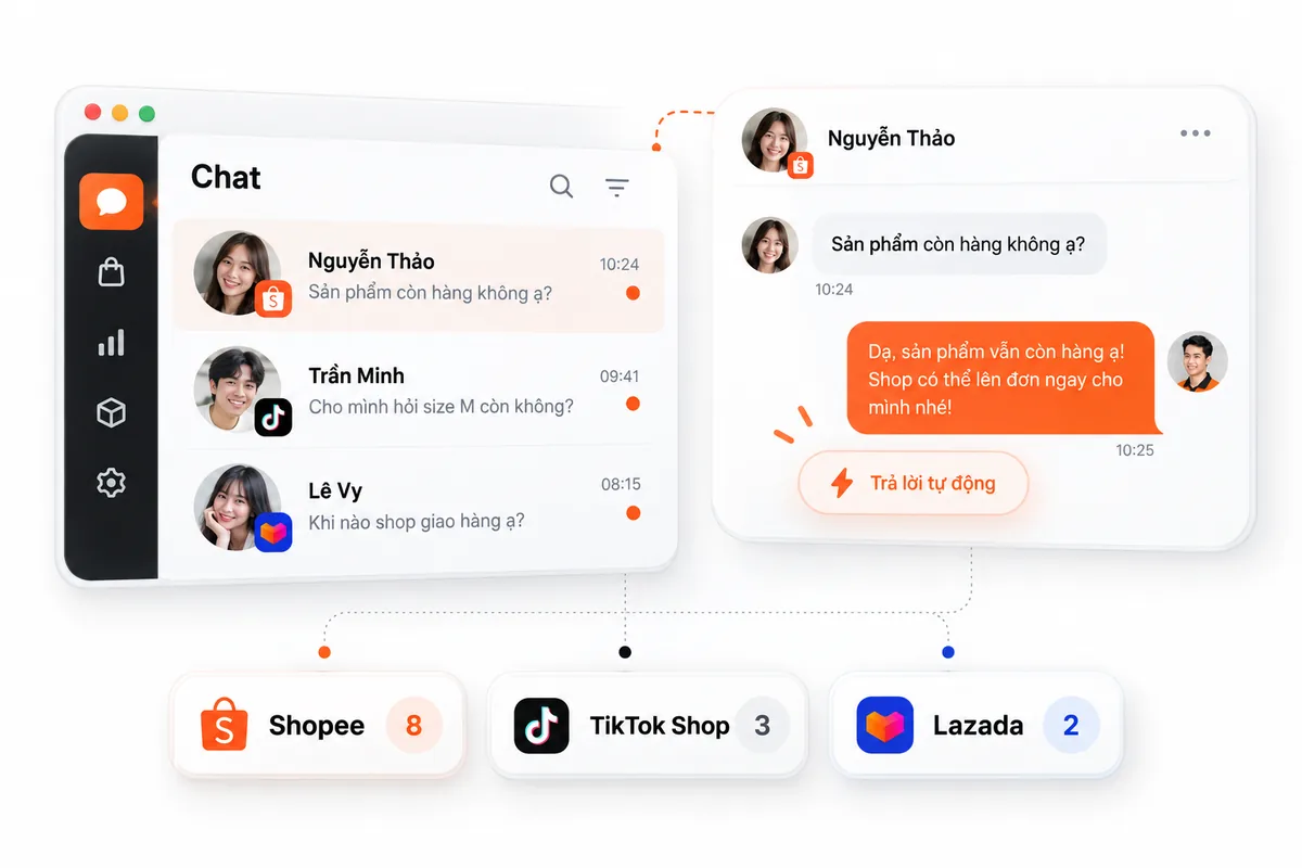Hộp thư gộp chat khách hàng từ Shopee, TikTok Shop, Lazada với trả lời tự động