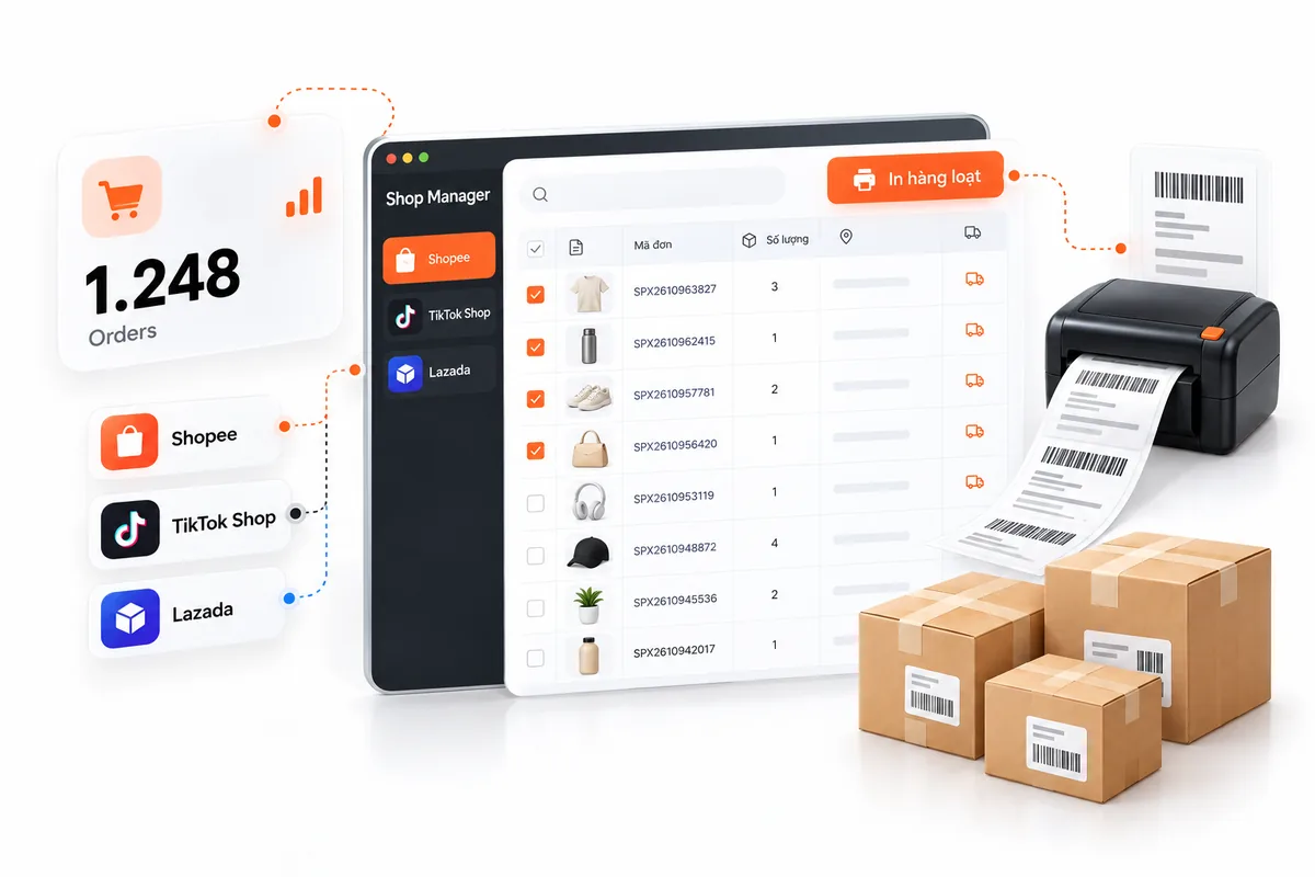 Giao diện Shop Manager chọn nhiều đơn Shopee, TikTok Shop, Lazada và in phiếu vận chuyển hàng loạt